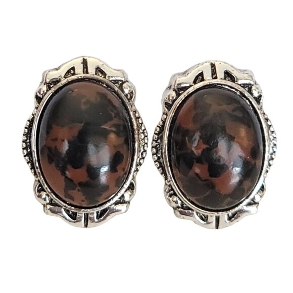 1928 Brand Faux Mahogany Jasper Lucite Cab Clip On Earrings K153 - Picture 1 of 10